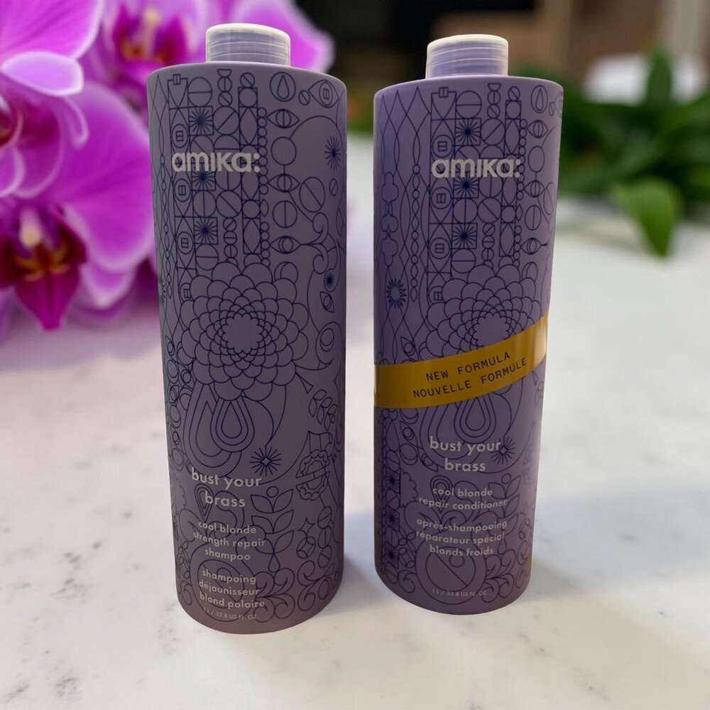Amika Bust Cool Blonde Your Brass Strength Repair Shampoo and Conditioner Liter